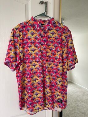 Wesc Vibrant Pink and Yellow Mushroom Print Short-Sleeve Button-Up Shirt